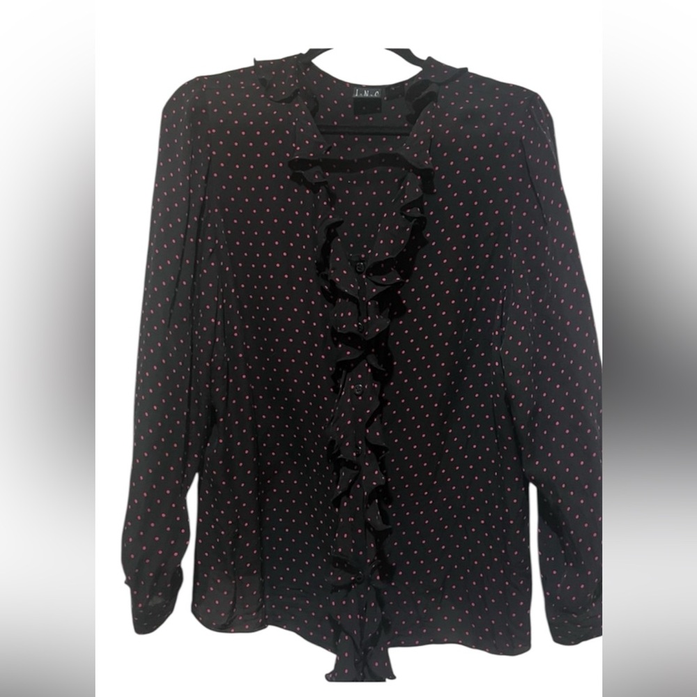 NWOT Plus Size INC  Black Blouse with Pink Dots 16 W